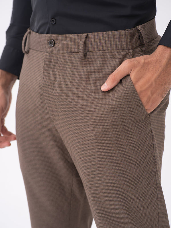 Stag Brown Textured Slim Fit Stretch Formal Pants