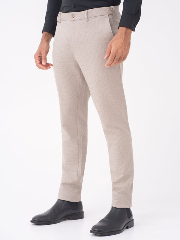 Bison Beige Textured Slim Fit Stretch Formal Pants