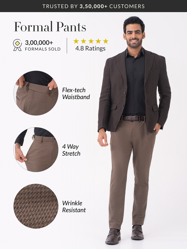 Stag Brown Textured Slim Fit Stretch Formal Pants