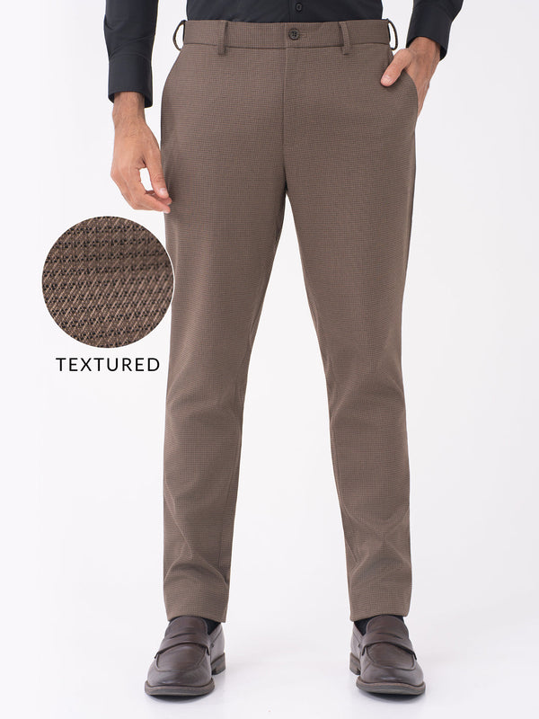 Stag Brown Textured Slim Fit Stretch Formal Pants